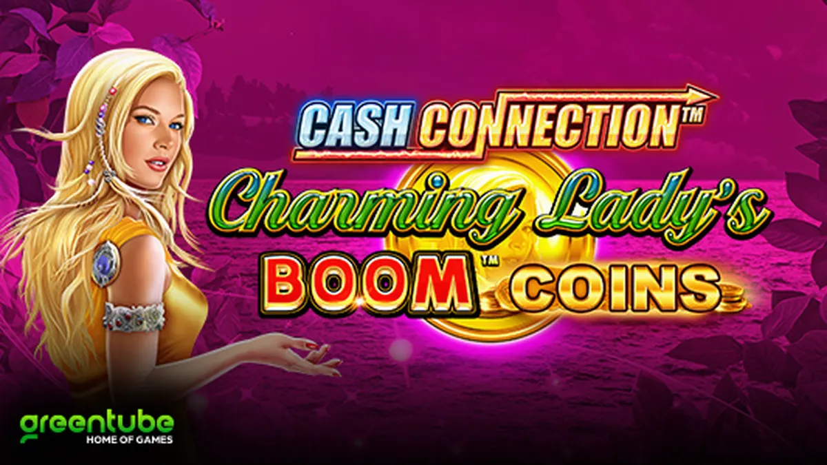 Interface do jogo Cash Connection Charming Lady’s Boom Coins com símbolos clássicos e elementos de bônus.